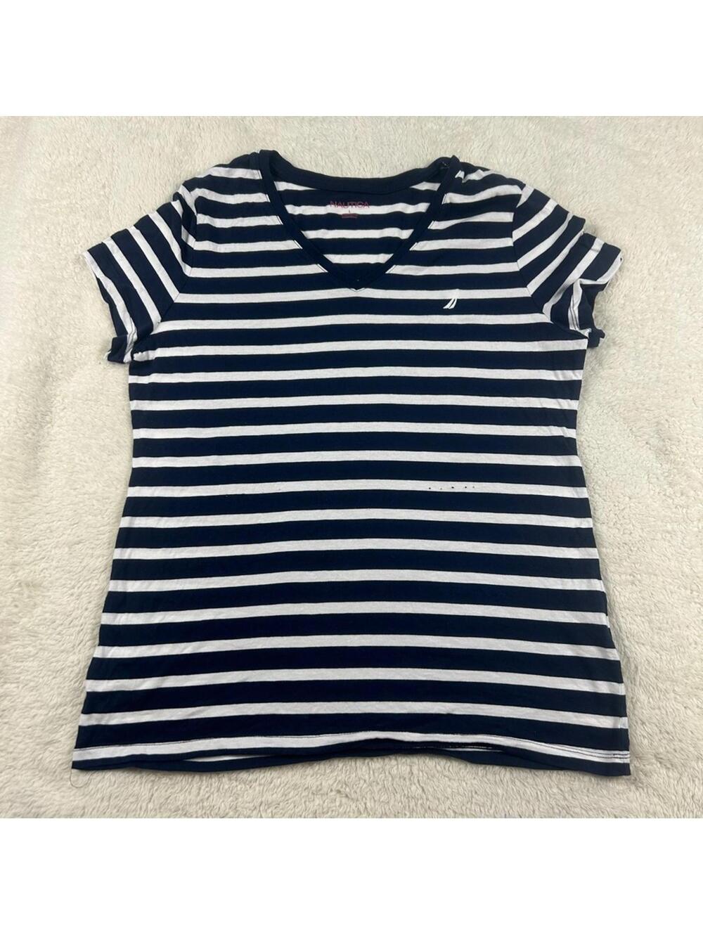 Nautica Women's Navy White Striped V-Neck Short Sleeve Tee Shirt Casual Top - Picture 2 of 9